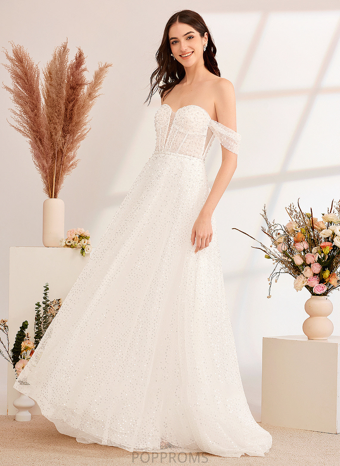 Wedding Dresses Off-the-Shoulder Wedding A-Line Sequins Dress With Lia Train Sweep