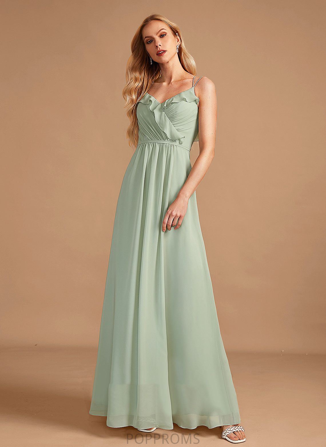 A-Line V-neck Neckline Silhouette Floor-Length Embellishment Ruffle Fabric Length Danika Sleeveless Floor Length Bridesmaid Dresses