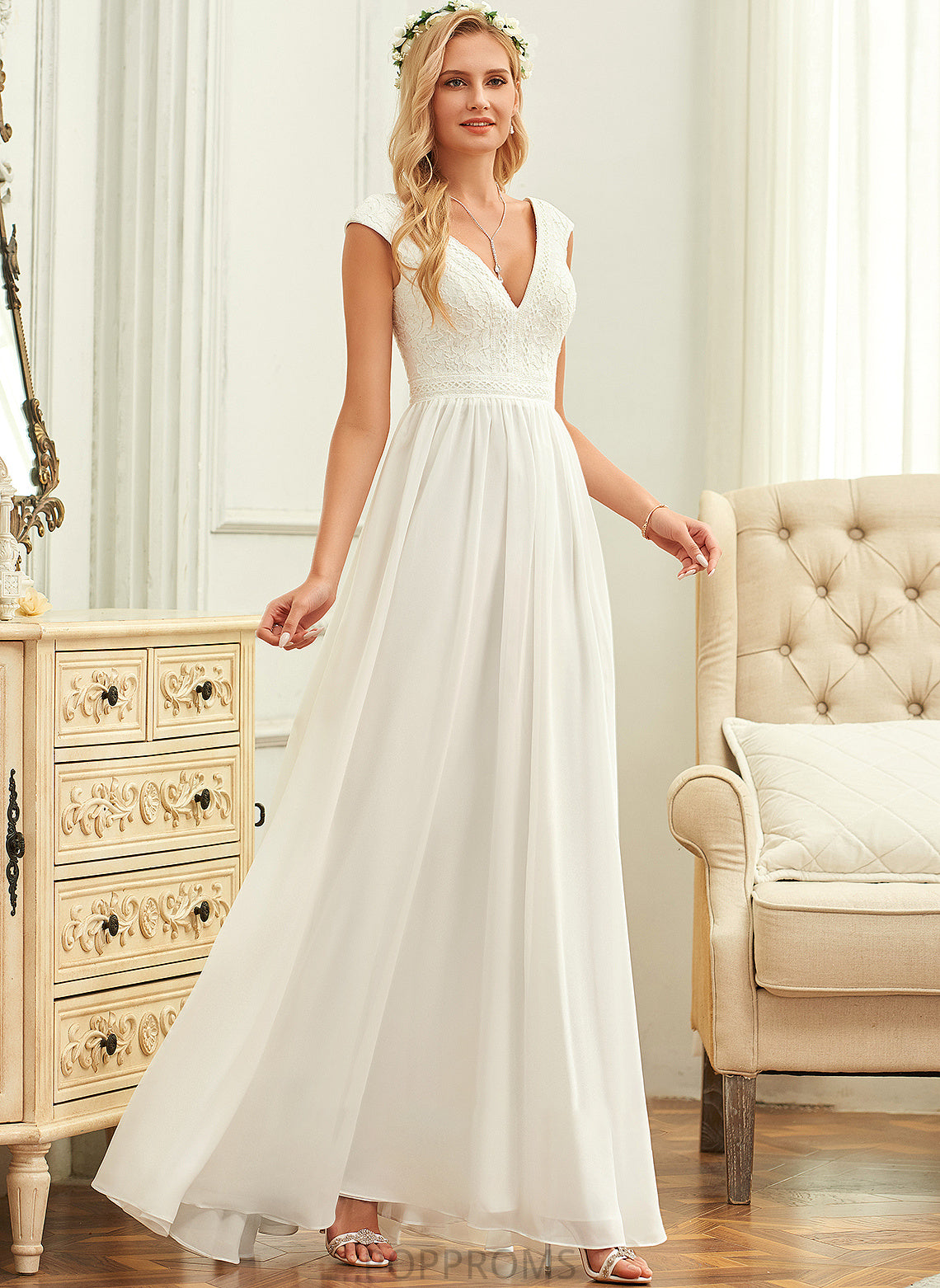 Wedding Floor-Length A-Line Chiffon Fernanda Wedding Dresses Dress Lace V-neck