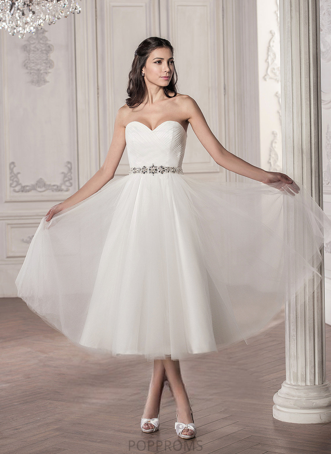 With Sequins Tulle Wedding Wedding Dresses Sweetheart Ruffle Tea-Length Dress Satin A-Line Abbigail Beading