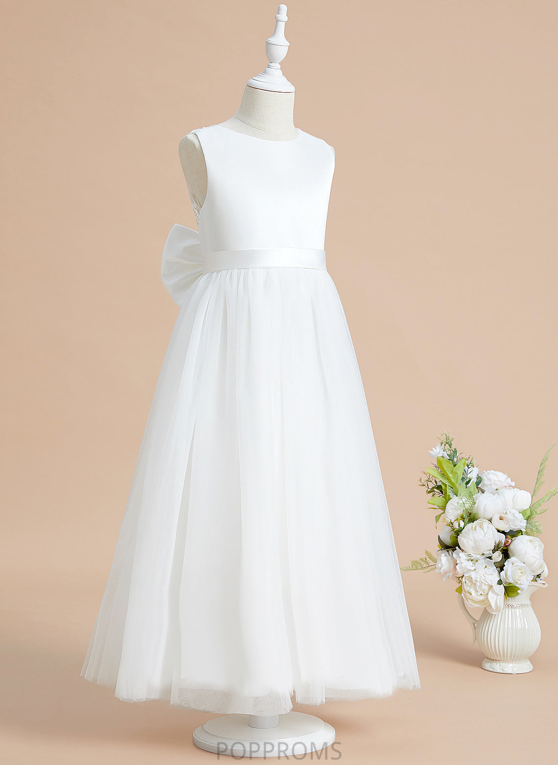 A-Line Girl Denisse With - Satin/Tulle Ankle-length Neck Lace/Bow(s) Sleeveless Dress Flower Girl Dresses Flower Scoop