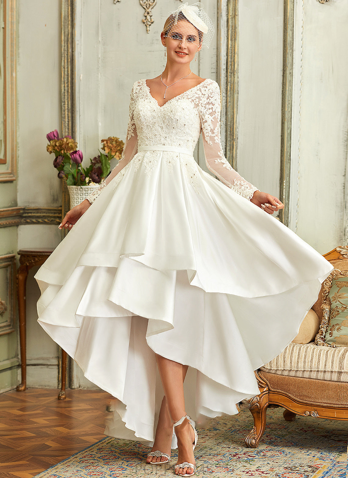 Dress Wedding Dresses Satin Winnie Wedding V-neck Asymmetrical A-Line Lace