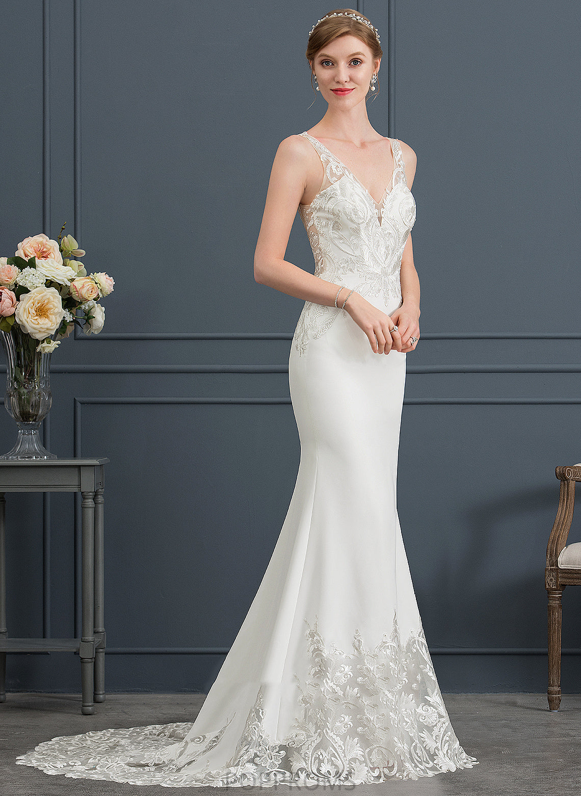 Wedding Dresses Dress Lace Stretch Trumpet/Mermaid Crepe Miley Wedding Court V-neck Train