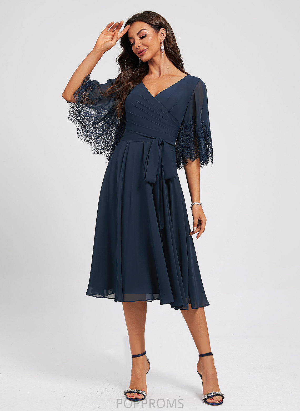 Pleated Chiffon A-Line With V-neck Sash Dress Lace Cocktail Knee-Length Cocktail Dresses Selina