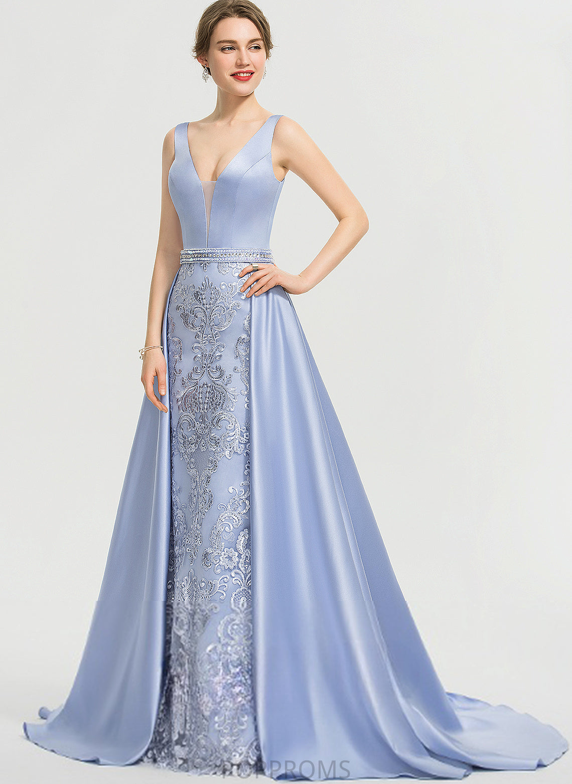 Serena Satin Prom Dresses With V-neck Sweep Sheath/Column Sequins Lace Train Beading