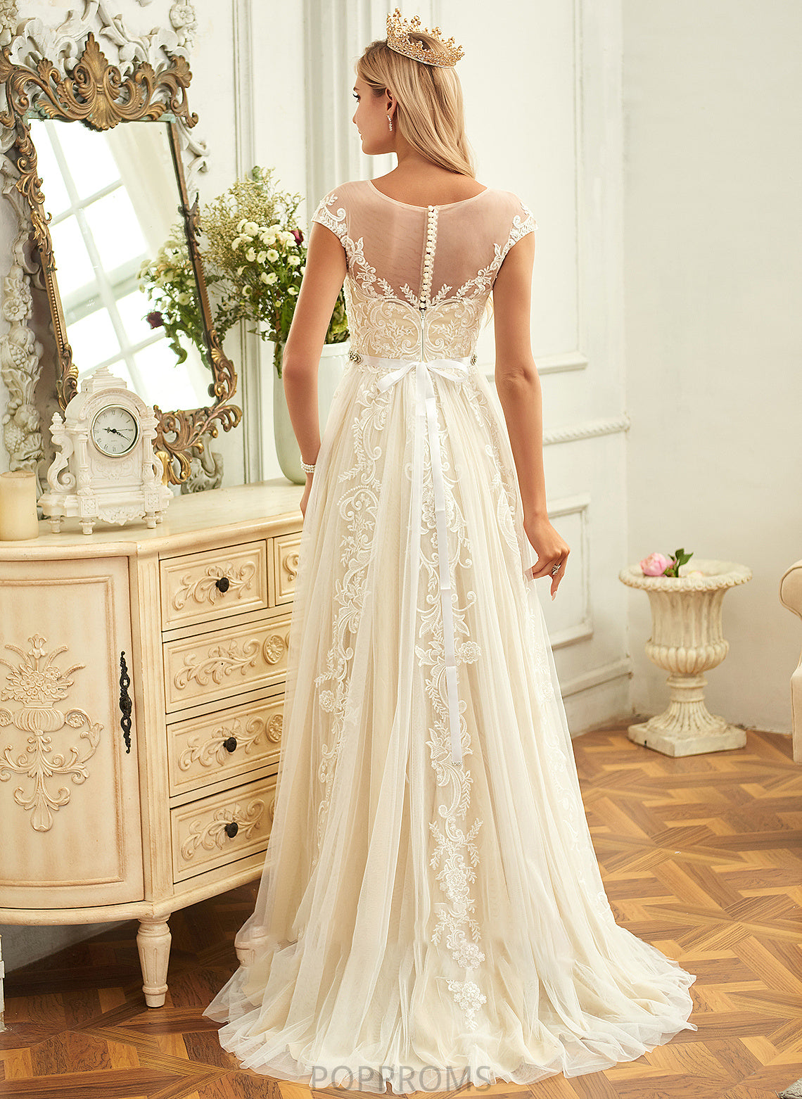 Wedding Dresses With Dress Tulle Sweep A-Line Ruffle Wedding Scoop Train Neck Ally Lace Lace