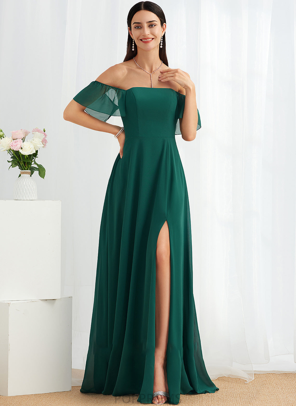 A-Line SplitFront Silhouette Floor-Length Length Off-the-Shoulder Fabric Neckline Embellishment Regan A-Line/Princess Natural Waist Bridesmaid Dresses