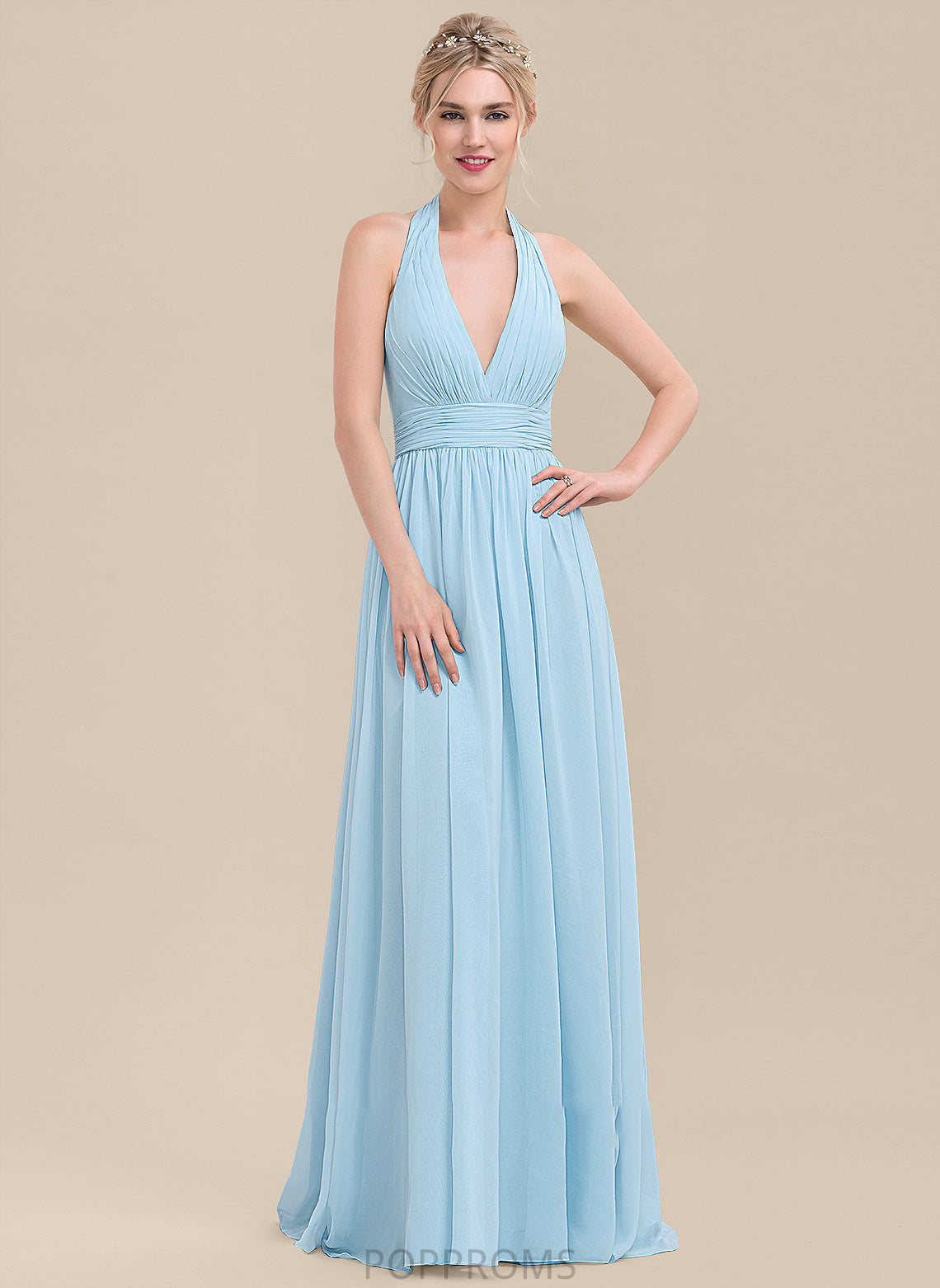 Floor-Length Silhouette A-Line Length Neckline Embellishment Ruffle Halter Fabric Abbey Natural Waist Sheath/Column Bridesmaid Dresses