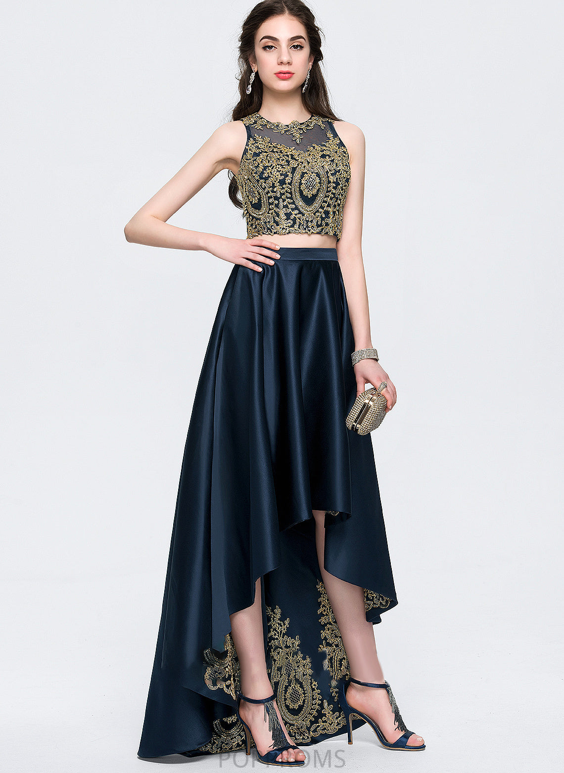 Asymmetrical Vera Prom Dresses Beading A-Line Lace Satin With Scoop Sequins Neck