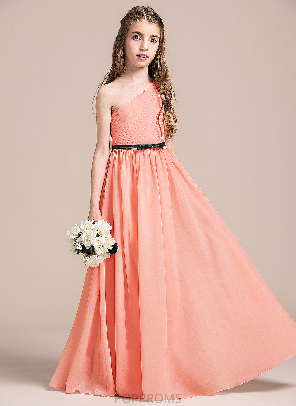 With A-Line Jo One-Shoulder Floor-Length Bow(s) Chiffon Ruffle Junior Bridesmaid Dresses