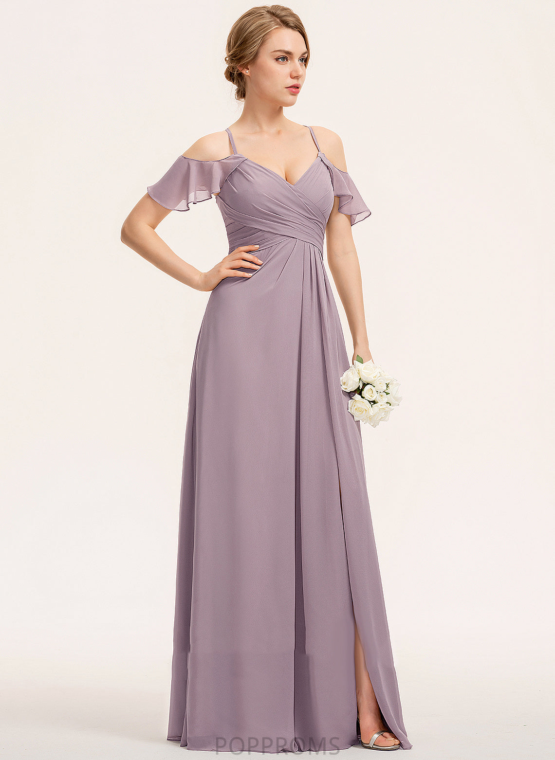 Ruffle V-neck Floor-Length CascadingRuffles A-Line ColdShoulder Neckline SplitFront Fabric Silhouette Embellishment Length Bridesmaid Dresses