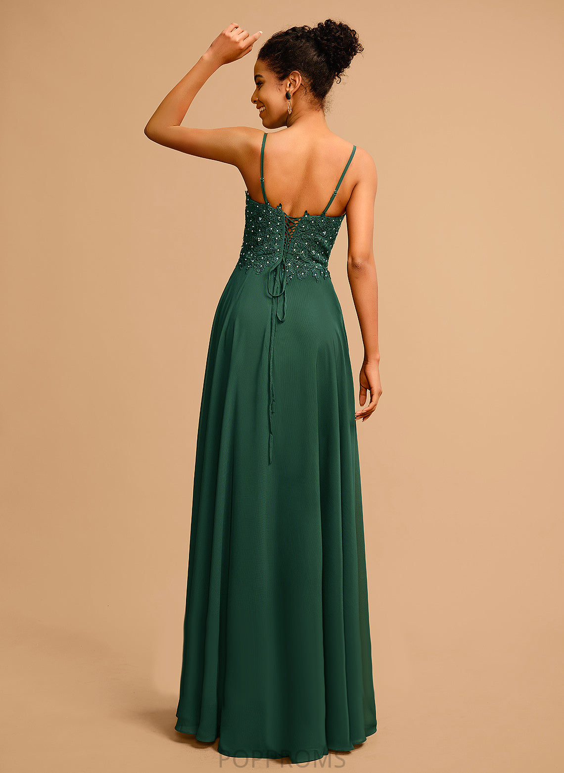 With Floor-Length V-neck Lace Chiffon A-Line Prom Dresses Krista Sequins Beading