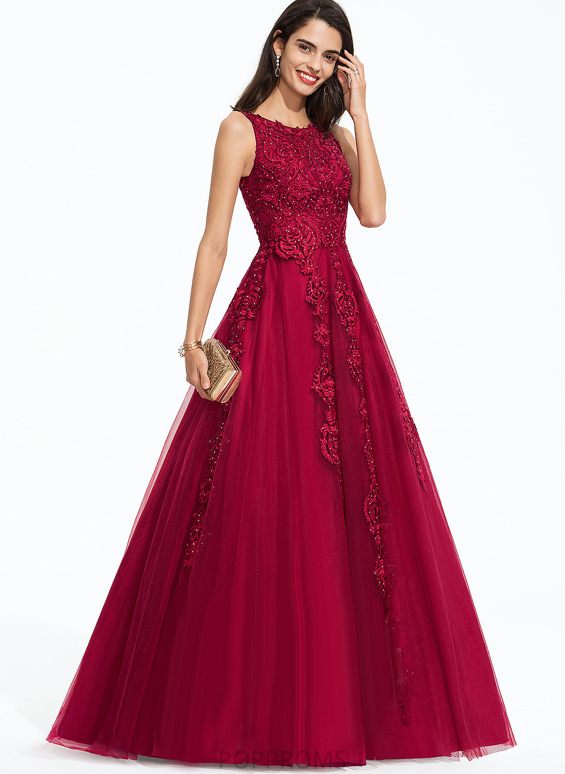 Fernanda With Scoop Sweep Ball-Gown/Princess Beading Tulle Train Prom Dresses Lace