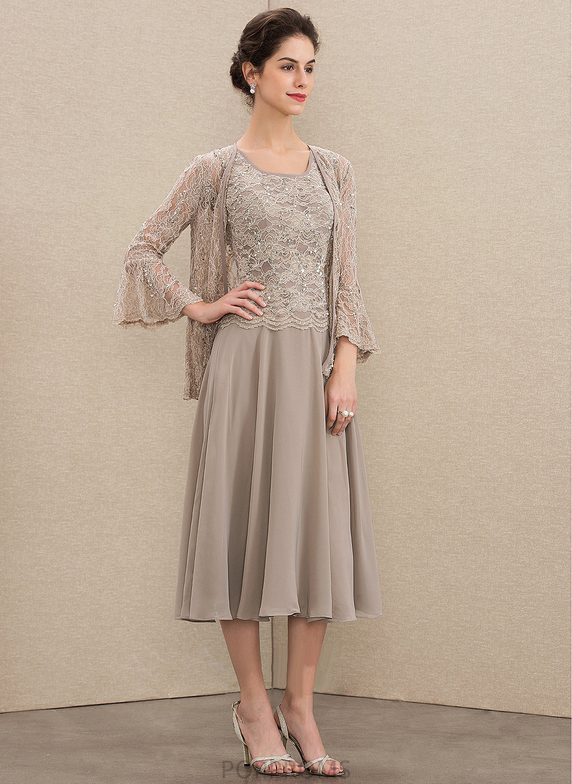 Dress the With of Neck Tea-Length A-Line Scoop Chiffon Sequins Mother Adrienne Mother of the Bride Dresses Bride Lace