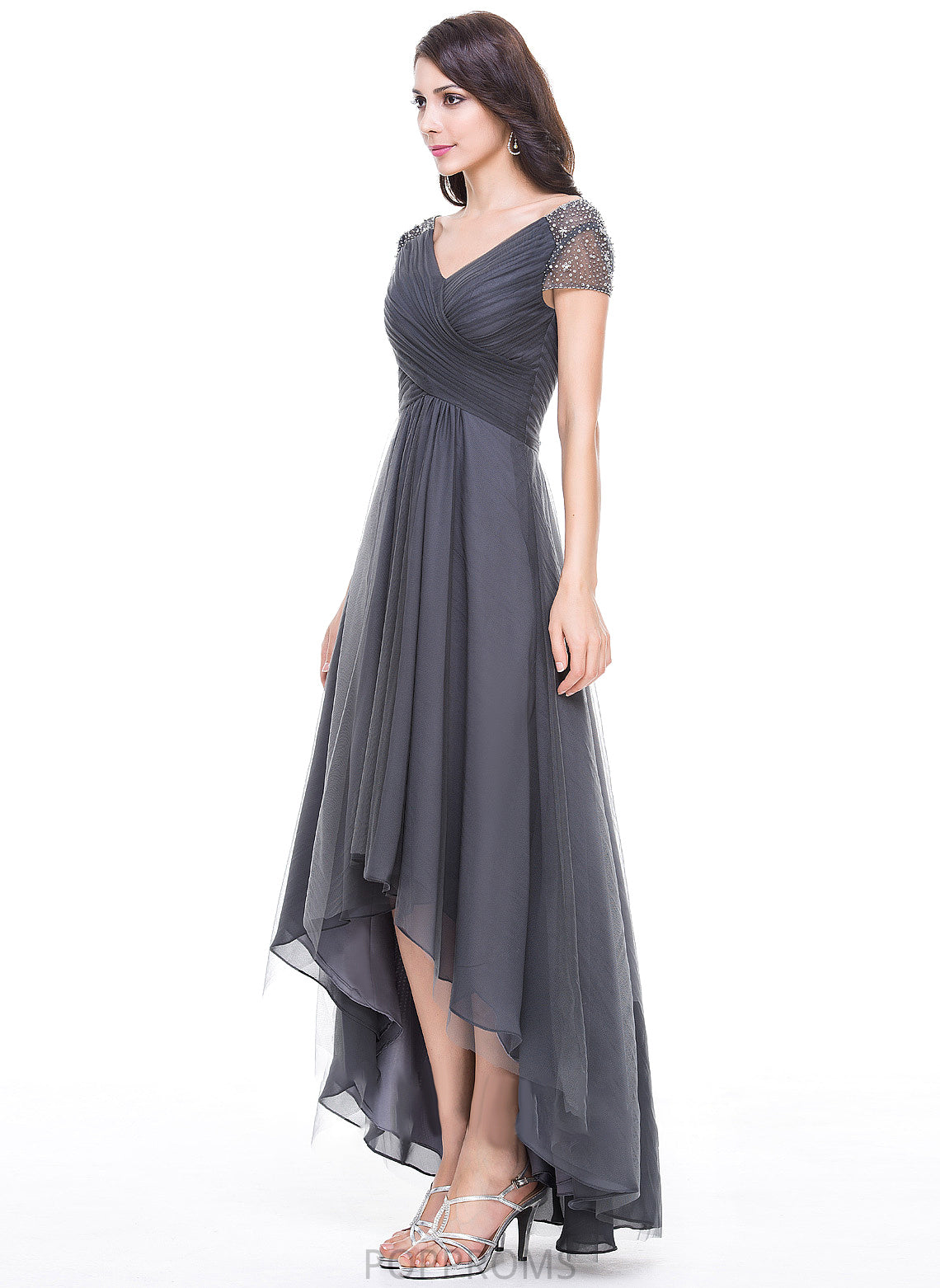 Asymmetrical A-Line of Dress Mother of the Bride Dresses Ruffle the Beading With Jaiden Tulle Bride Mother V-neck Sequins