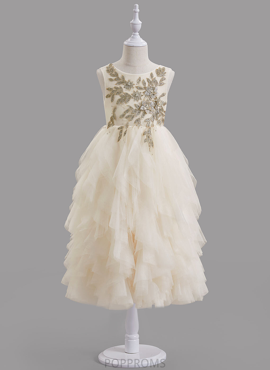 Bailee Scoop A-Line Back Dress Beading/V Girl Tulle/Lace Flower Girl Dresses - Flower Sleeveless With Tea-length Neck