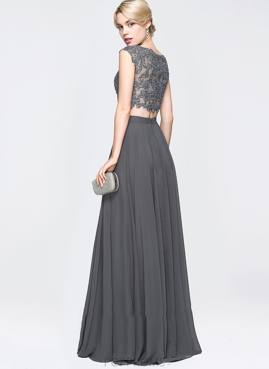 Jaelynn Chiffon Beading A-Line Floor-Length With Sequins Prom Dresses Neck Scoop