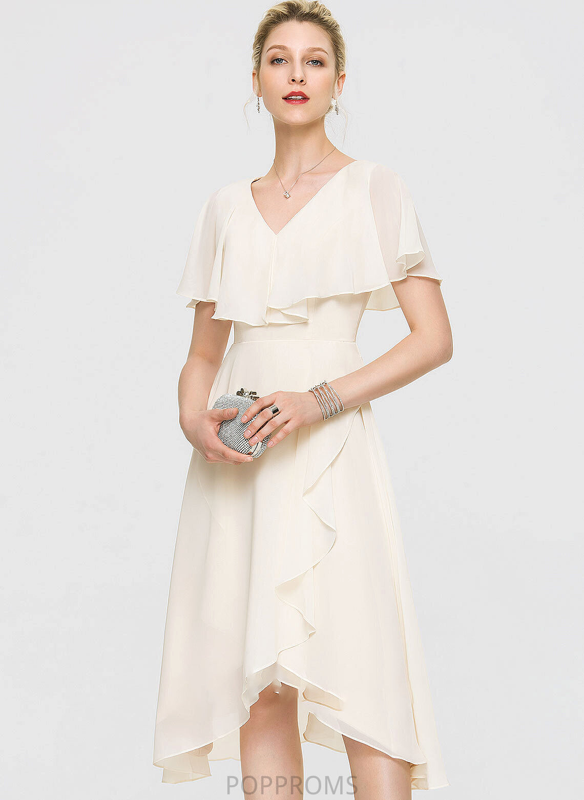 Wedding A-Line Dress With Ruffles Cascading Wedding Dresses V-neck Asymmetrical Chiffon Bow(s) Cornelia