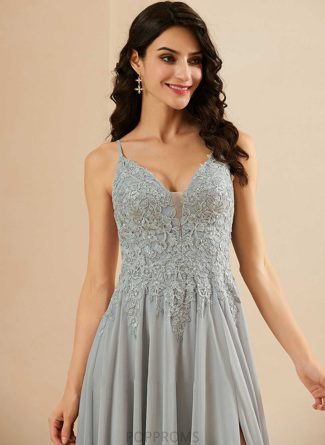 With Floor-Length V-neck Split Prom Dresses Sequins Front A-Line Thalia Lace Chiffon