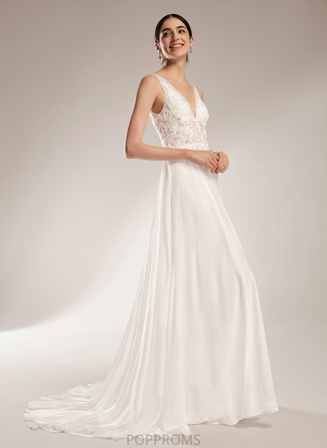 Beading Chiffon Wedding A-Line Train With Wedding Dresses Sequins V-neck Abbie Dress Court Lace