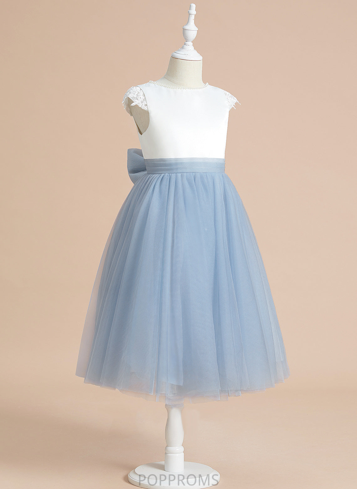 Neck Flower Girl Dresses - Flower Nathaly Girl Tea-length Scoop Lace/Bow(s) Satin/Tulle With Sleeveless A-Line Dress