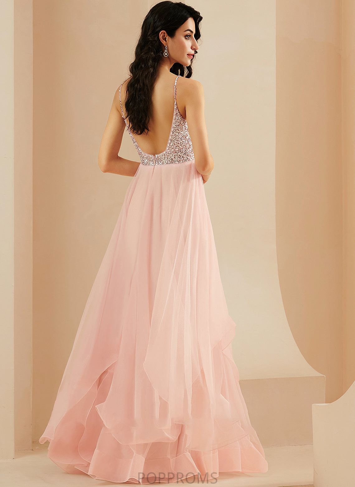 V-neck Erika Tulle A-Line With Floor-Length Prom Dresses Sequins Beading