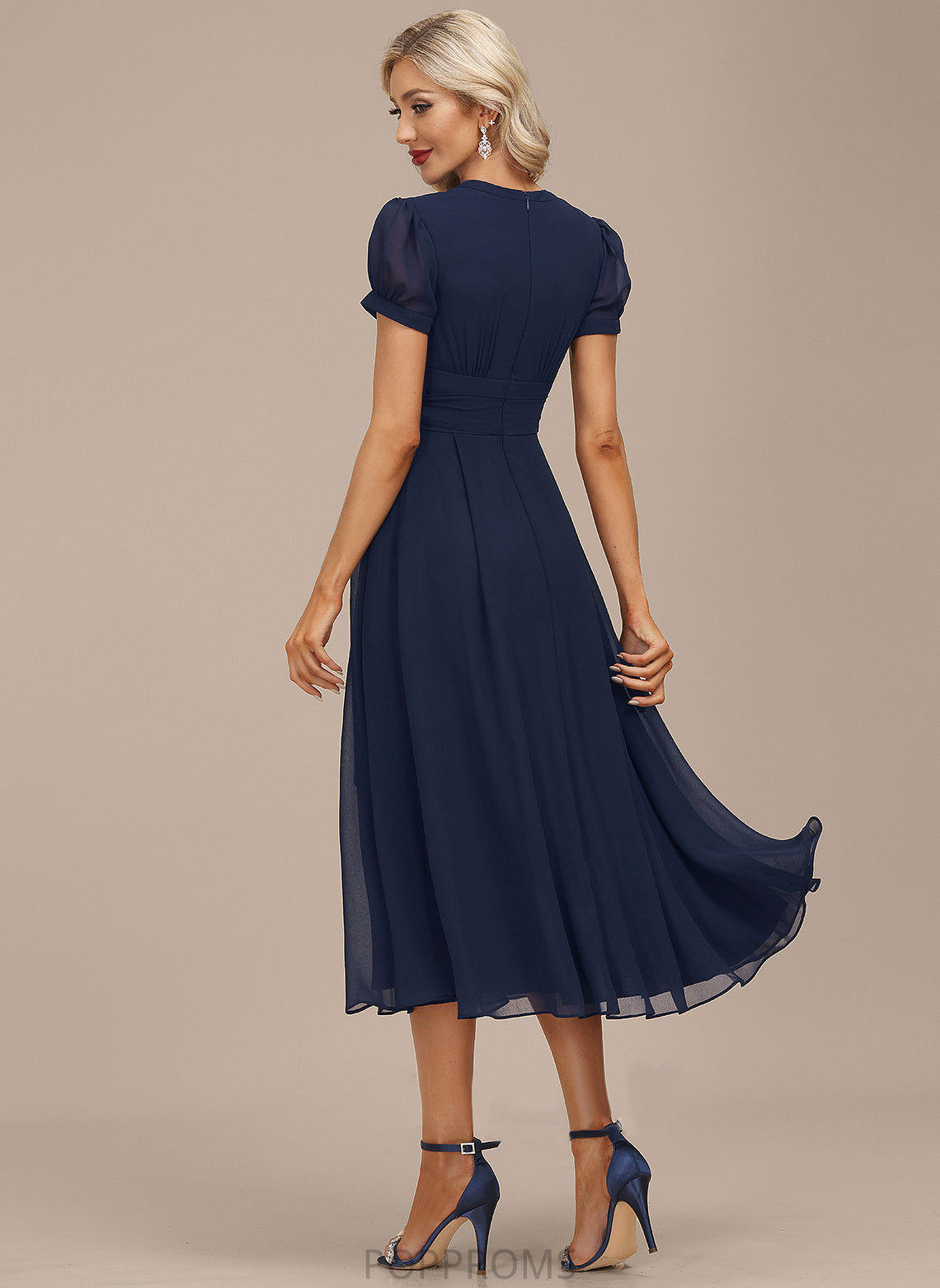 Cocktail Nina Neck Tea-Length Scoop Chiffon Ruffle A-Line Dress With Cocktail Dresses