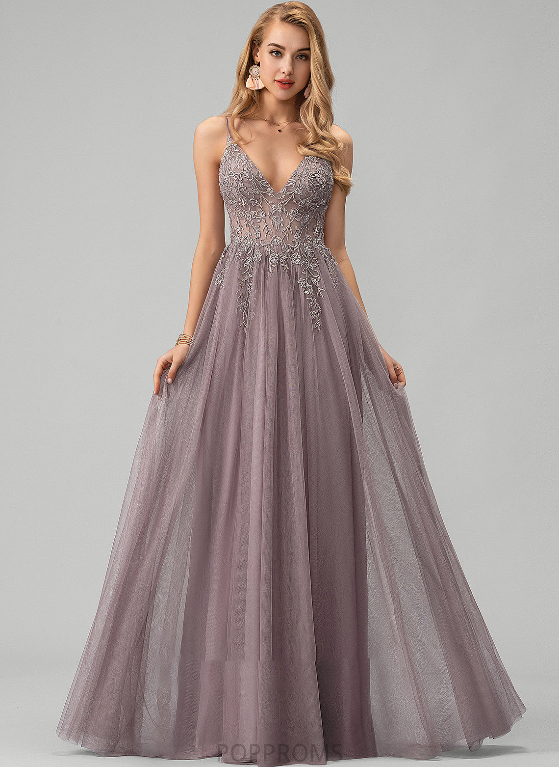 Lace Ball-Gown/Princess Beading Sequins Prom Dresses V-neck Floor-Length Front Split Tulle With Gabriela