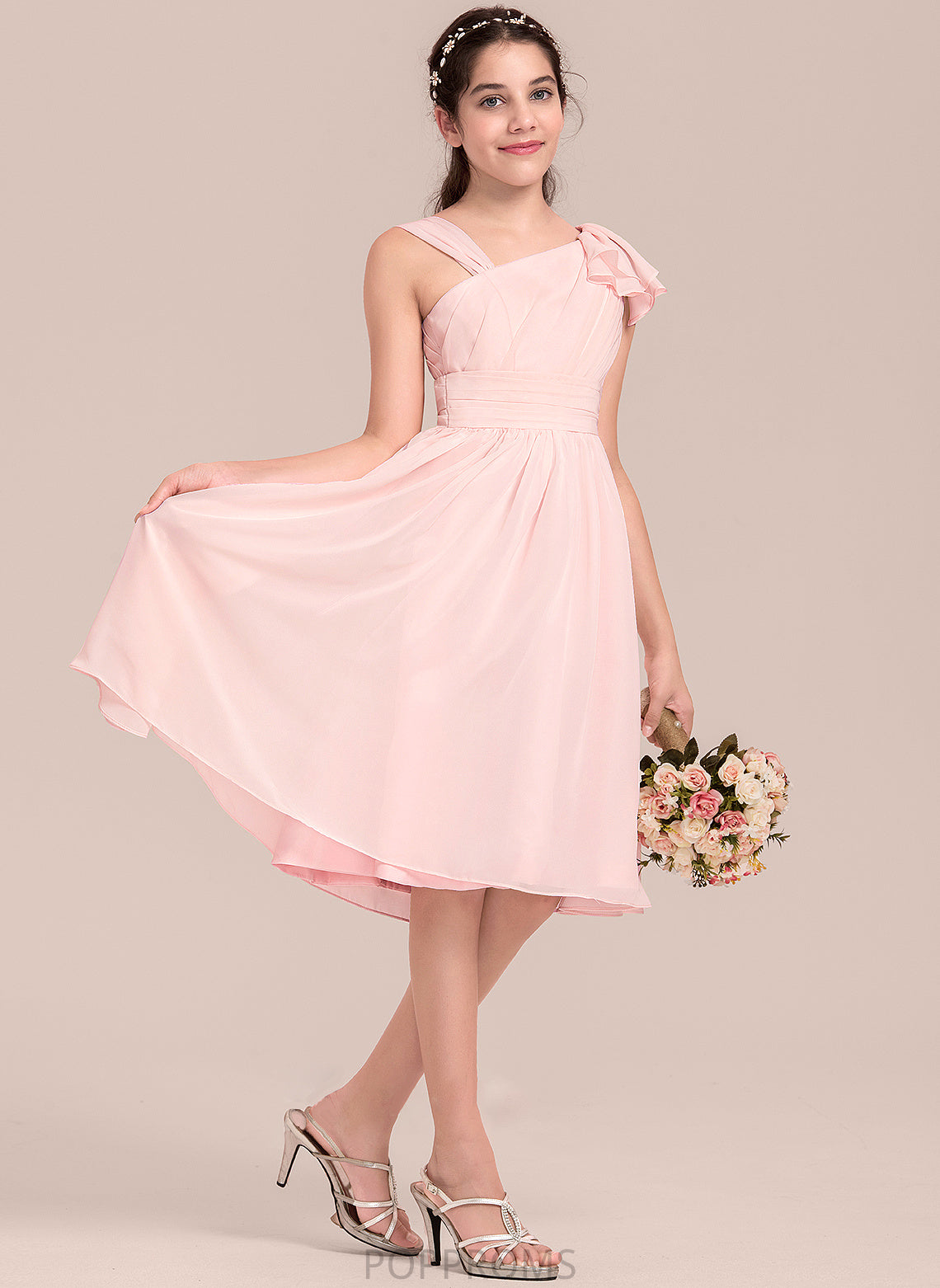 With A-Line V-neck Chiffon Ruffles Junior Bridesmaid Dresses Knee-Length Cascading Gina