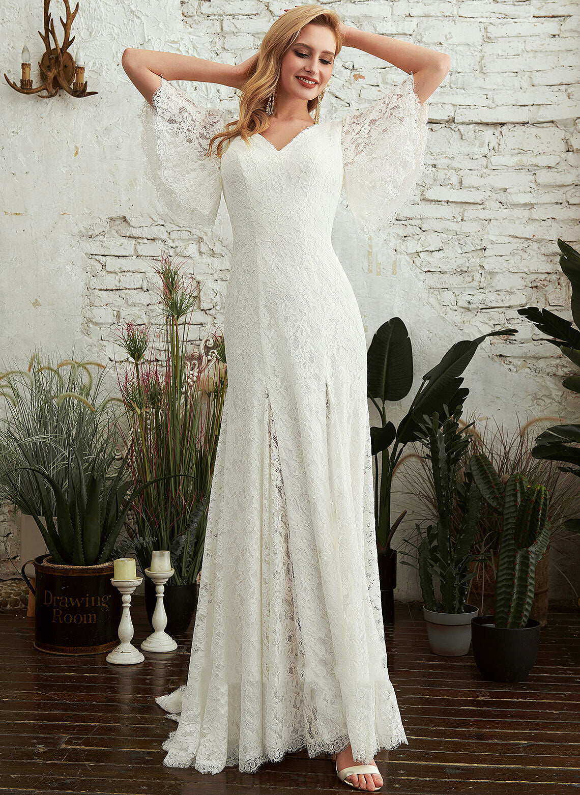 Split Sheath/Column Lace Wedding Dresses Train Wedding Dress Front V-neck Jaycee Sweep With