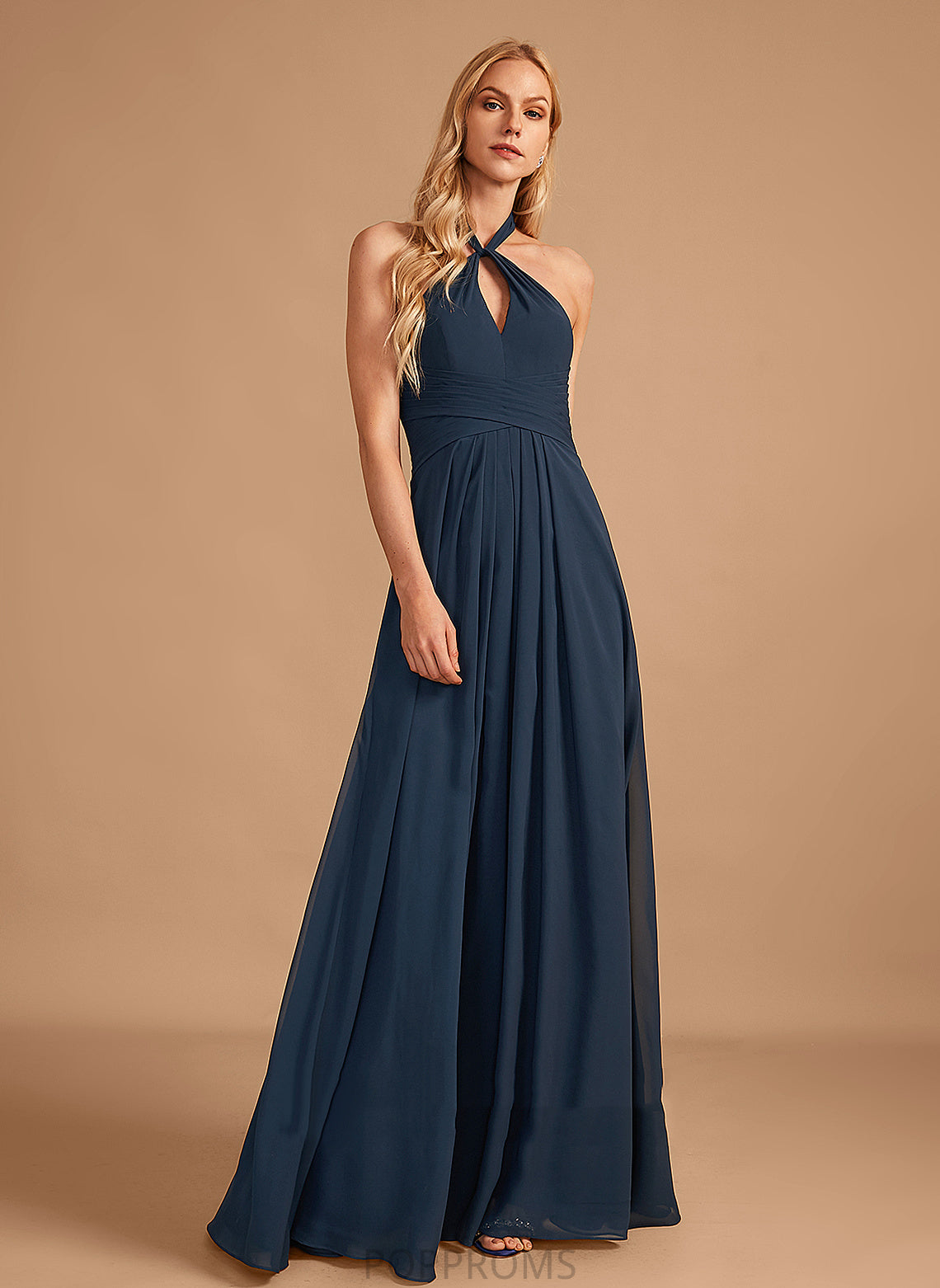 Silhouette Halter Ruffle Neckline Embellishment A-Line Length Fabric Floor-Length Ali Natural Waist Sleeveless Bridesmaid Dresses