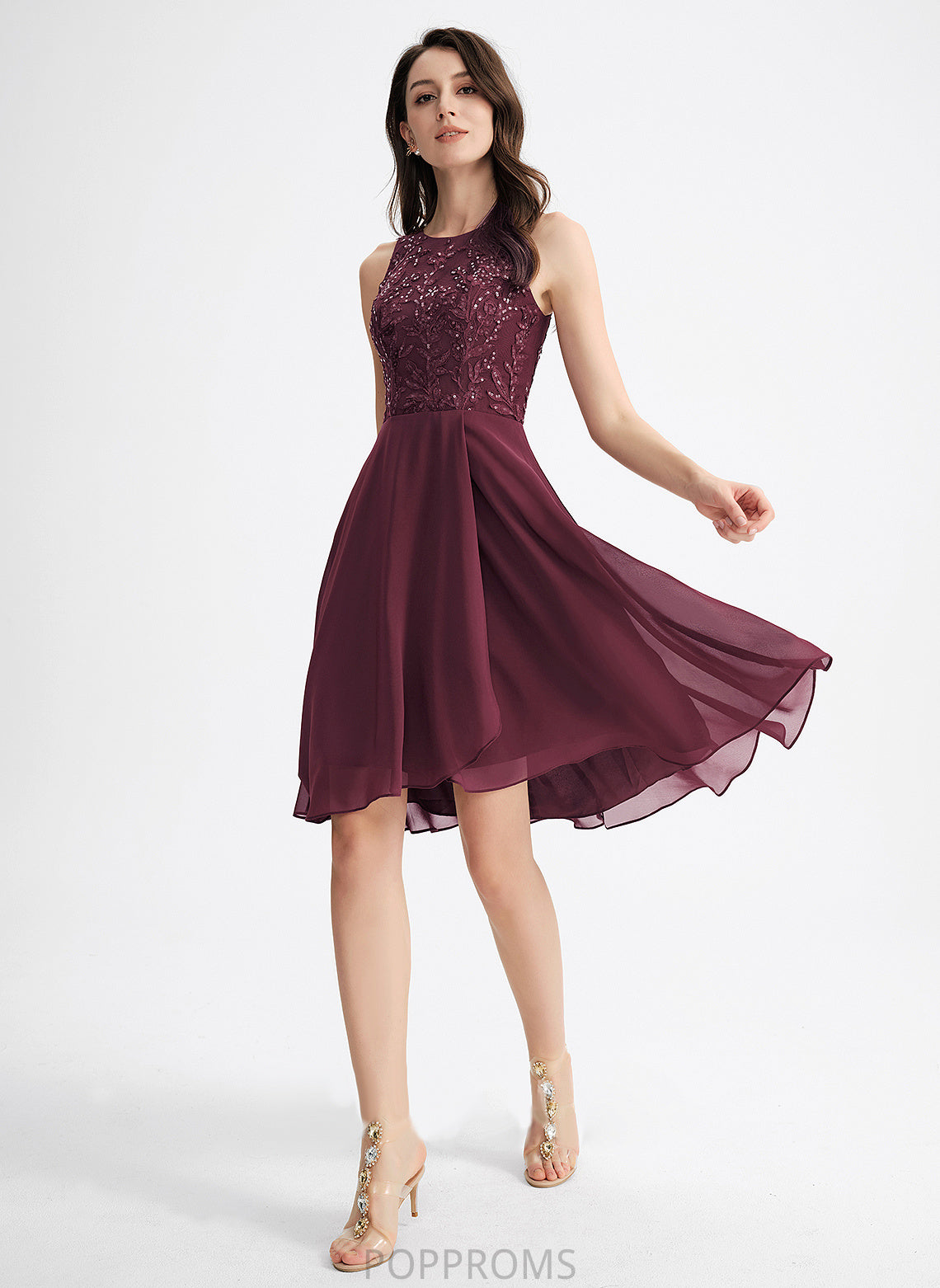 Cocktail Dresses Lace Scoop Sequins Asymmetrical Chiffon Neck Dress A-Line Cocktail Greta With