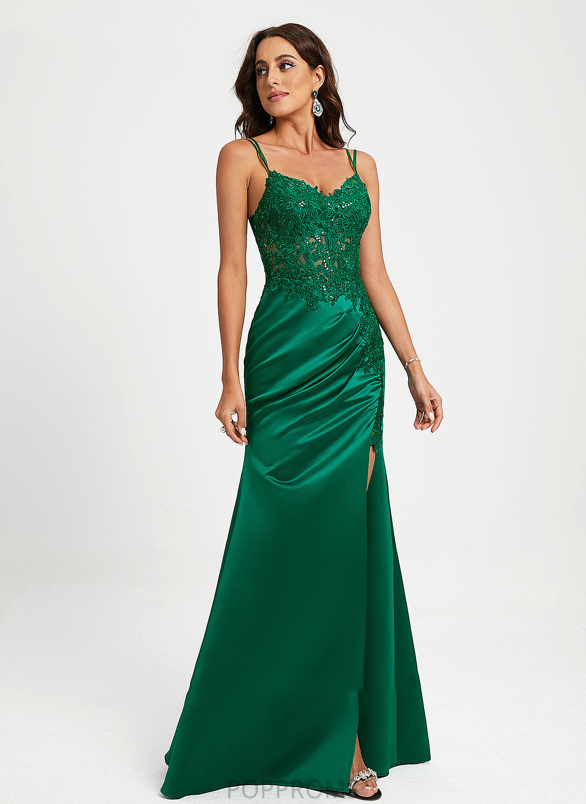 With Sequins Sheath/Column Rosalie Satin Prom Dresses Lace V-neck Floor-Length