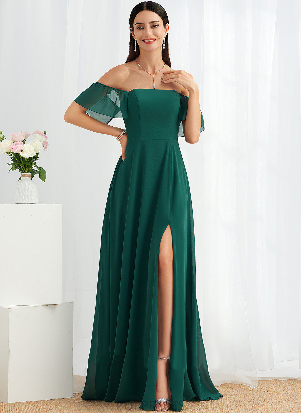 Length Silhouette Floor-Length Neckline A-Line Embellishment Fabric Off-the-Shoulder SplitFront Daisy Spaghetti Staps Floor Length Bridesmaid Dresses