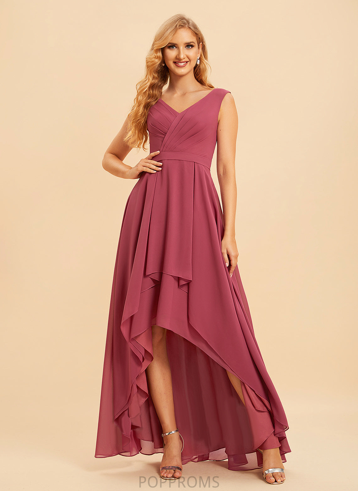 Neckline Ruffle A-Line Fabric Silhouette Embellishment V-neck Length Asymmetrical Kaia Natural Waist Spaghetti Staps Bridesmaid Dresses