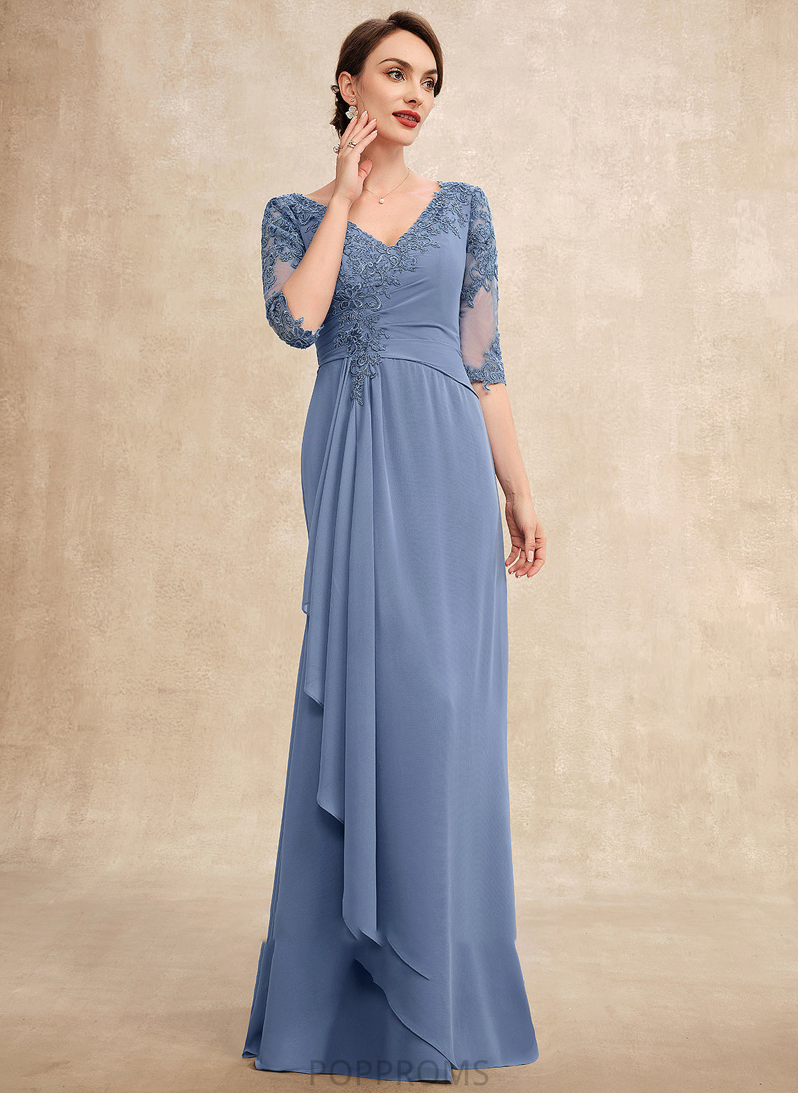 Bride A-Line the V-neck Chiffon Kenzie of Cascading Dress Floor-Length Lace Mother With Mother of the Bride Dresses Ruffles