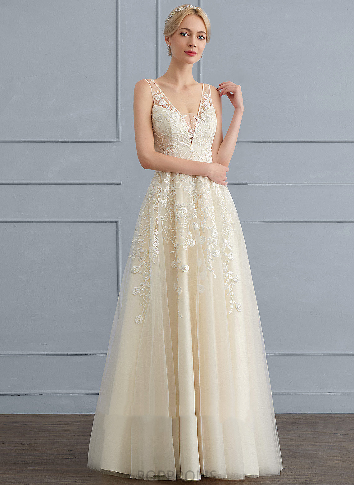 Dress Nora Beading Wedding Sequins With Lace Tulle Wedding Dresses Floor-Length V-neck A-Line