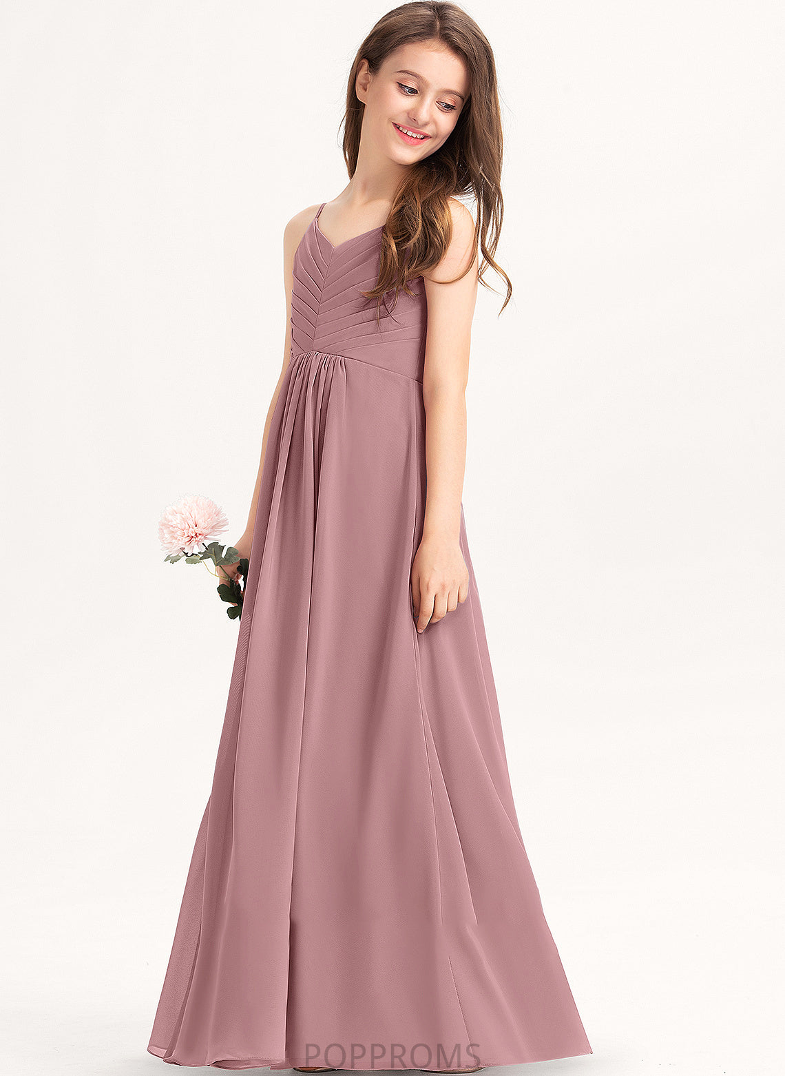 With Cassie Ruffle Chiffon A-Line Floor-Length Junior Bridesmaid Dresses V-neck