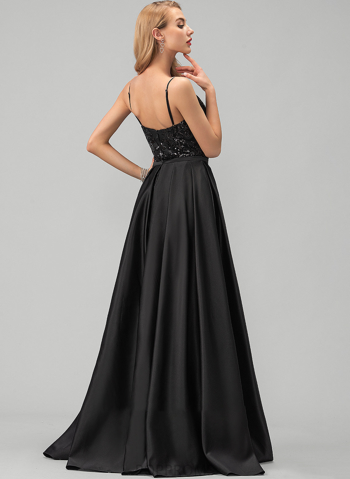 With Charity V-neck A-Line Satin Floor-Length Sequins Prom Dresses