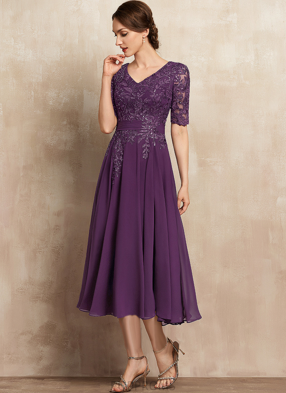 Kathy Sequins Cocktail Dresses Dress Cocktail A-Line With Chiffon Tea-Length Lace V-neck