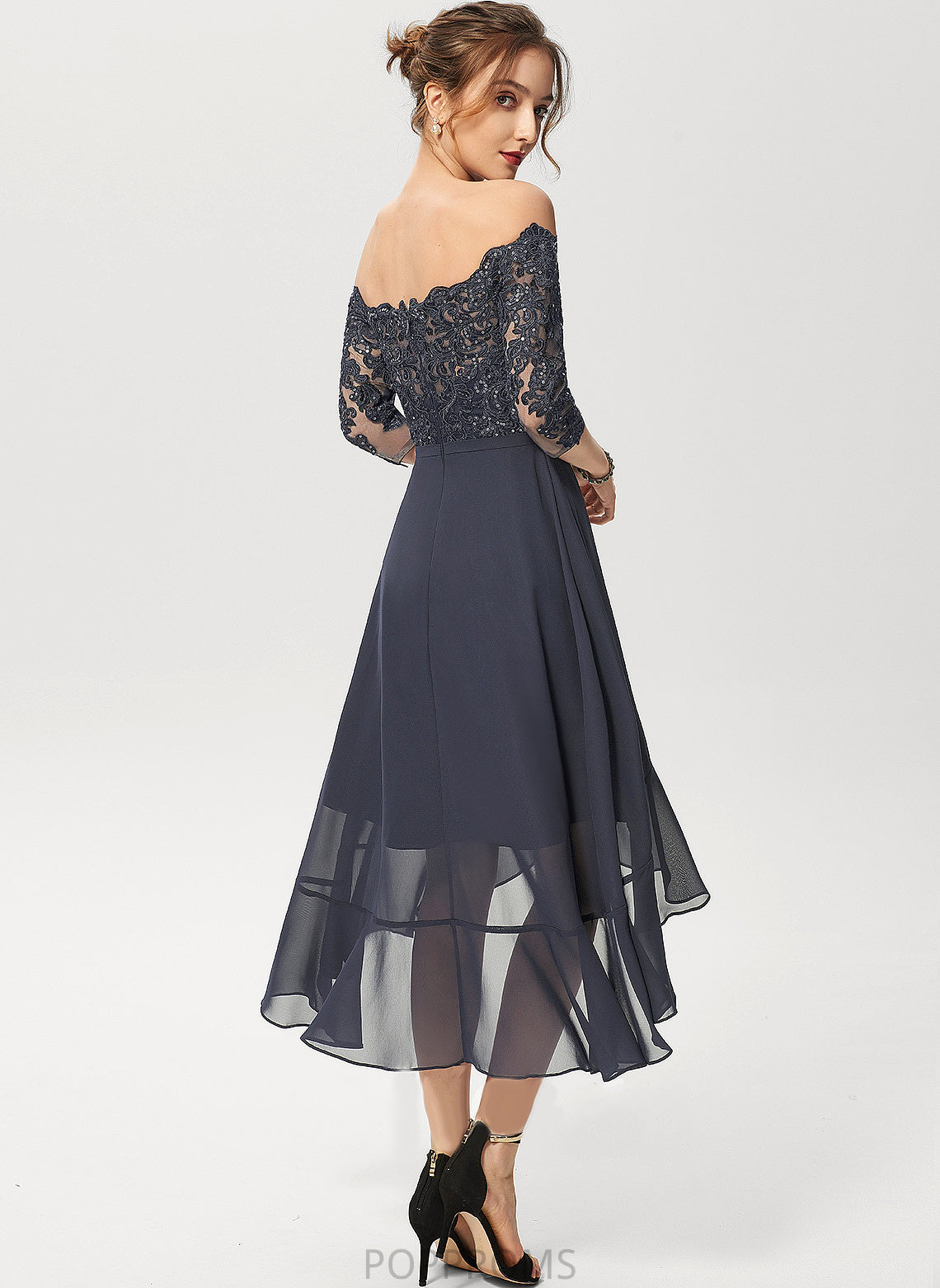 Off-the-Shoulder Cocktail Dresses With A-Line Asymmetrical Nancy Cocktail Lace Chiffon Sequins Dress