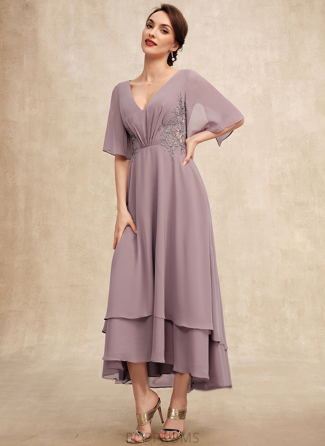 Ruffle the Asymmetrical Bride Chiffon Jasmin A-Line Mother Dress Lace Beading With Mother of the Bride Dresses of V-neck