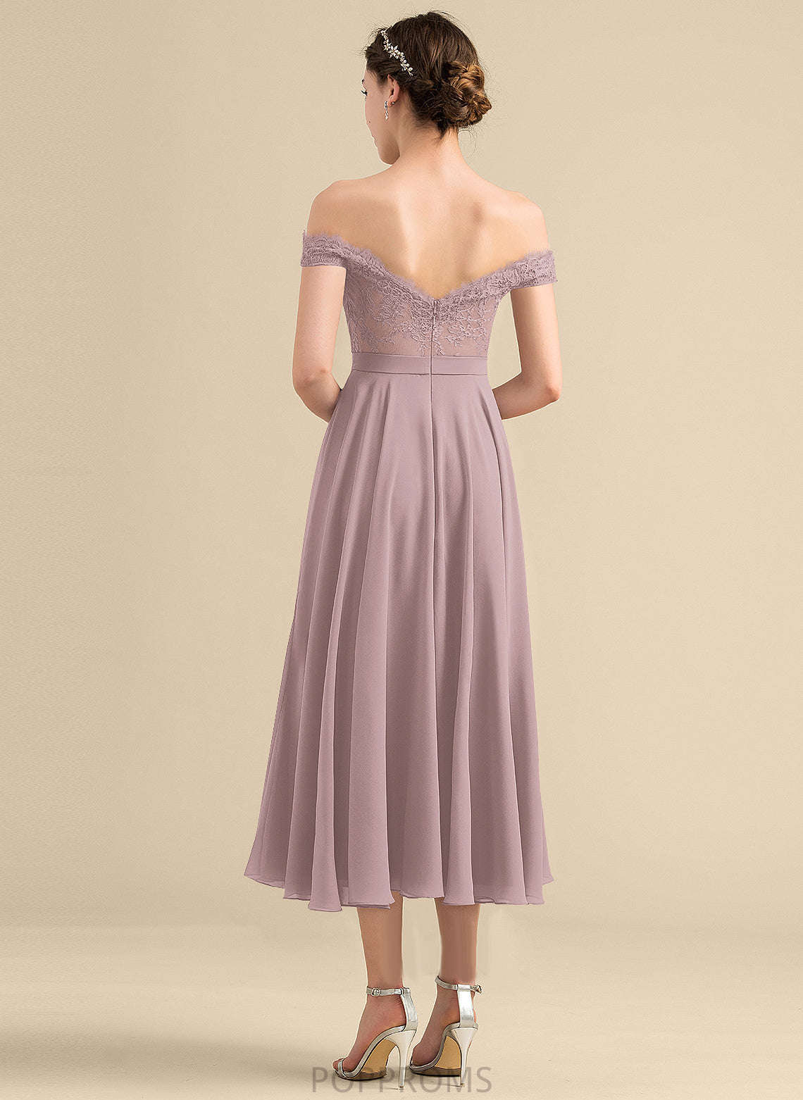 Length Silhouette Tea-Length Beading A-Line Embellishment Neckline Off-the-Shoulder Fabric Yasmin Spaghetti Staps Sleeveless Bridesmaid Dresses