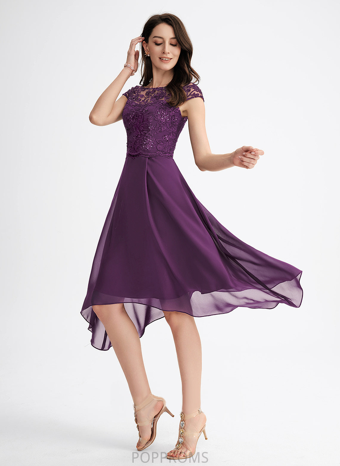 Chiffon Beading A-Line Dress Sequins Cocktail Neck Scoop Asymmetrical Lace Cocktail Dresses Giada With