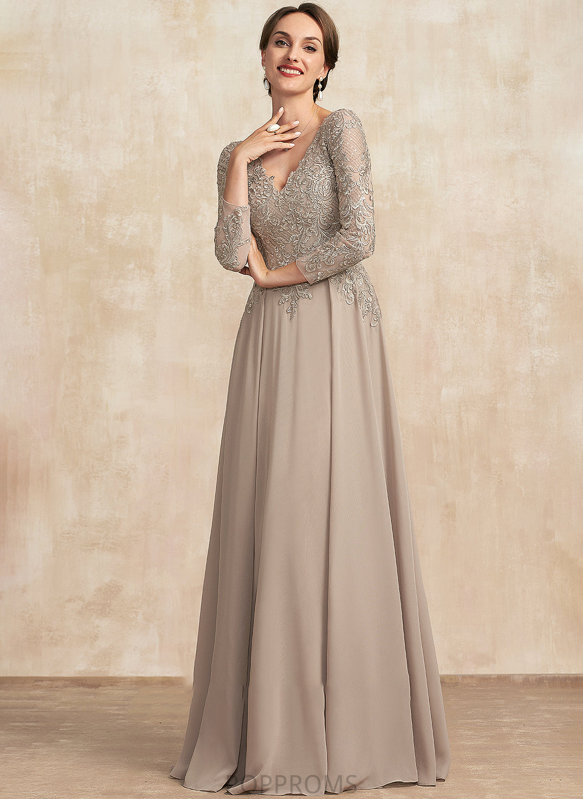 Bride of Chiffon Marlene Mother of the Bride Dresses Lace the Mother V-neck A-Line Floor-Length Dress