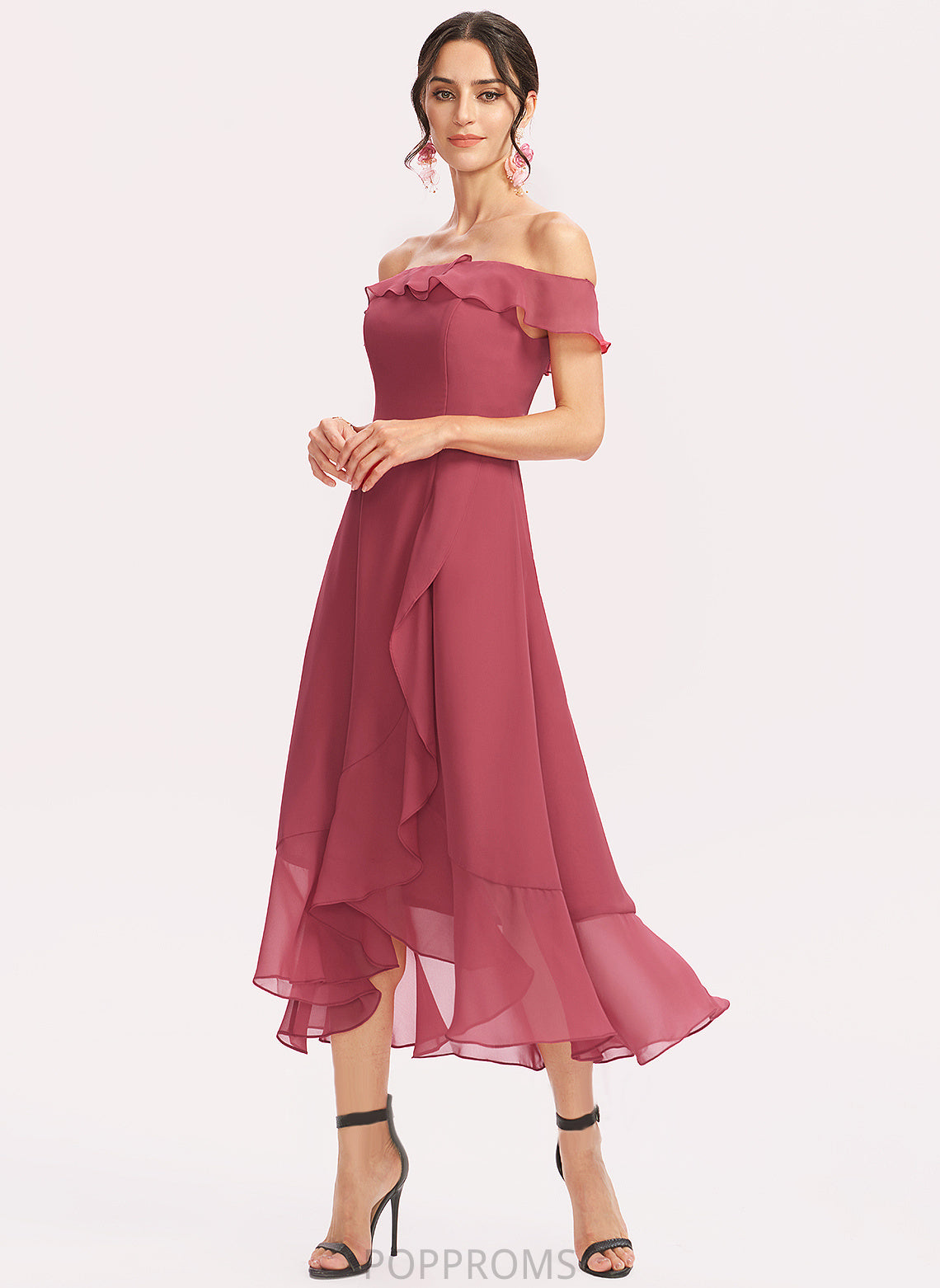 A-Line Neckline Fabric Off-the-Shoulder Length Embellishment CascadingRuffles Tea-Length Silhouette Dayana Sleeveless A-Line/Princess Bridesmaid Dresses