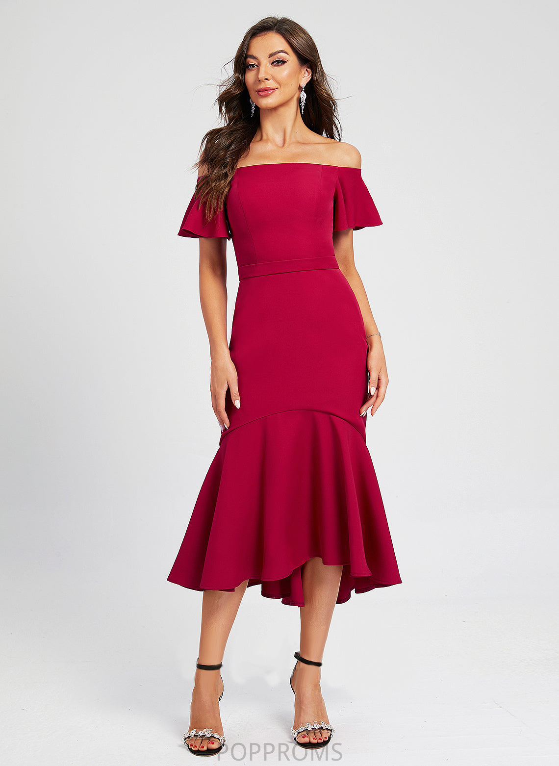 Cocktail Dresses Off-the-Shoulder Asymmetrical Amara Crepe With Trumpet/Mermaid Dress Cocktail Stretch Ruffle