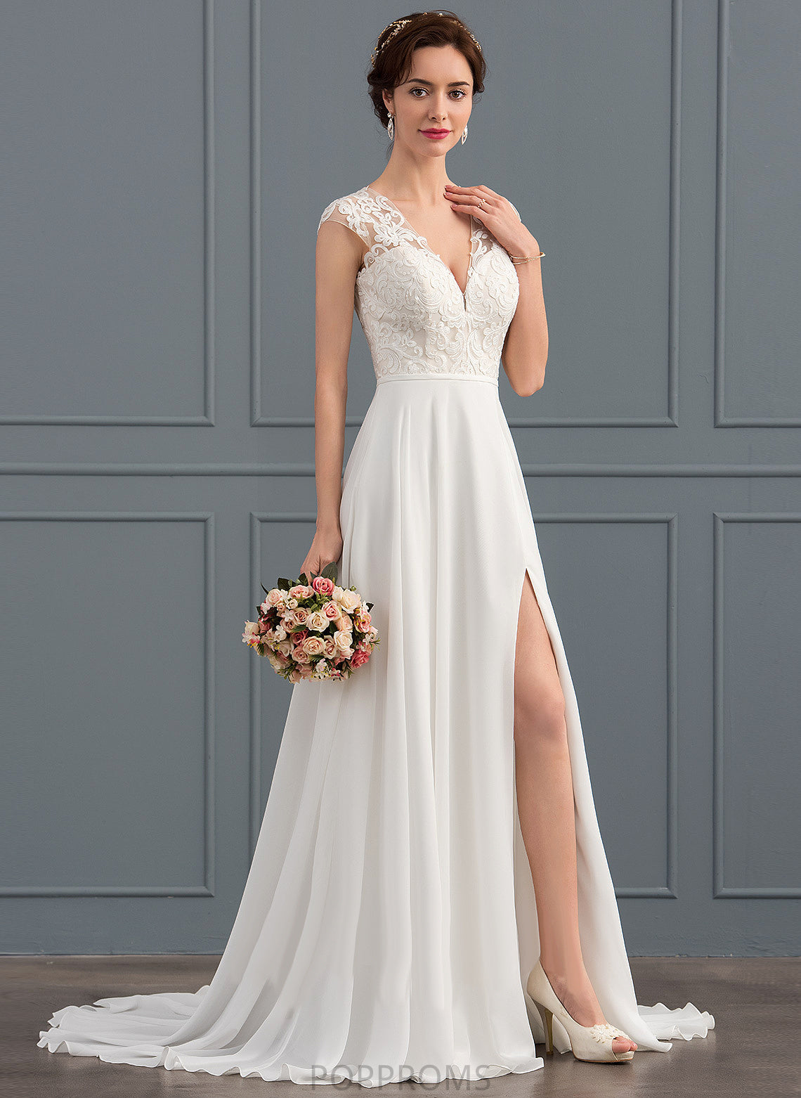 Sweep Split With Lace Front Train A-Line V-neck Wedding Dress Wedding Dresses Simone Chiffon