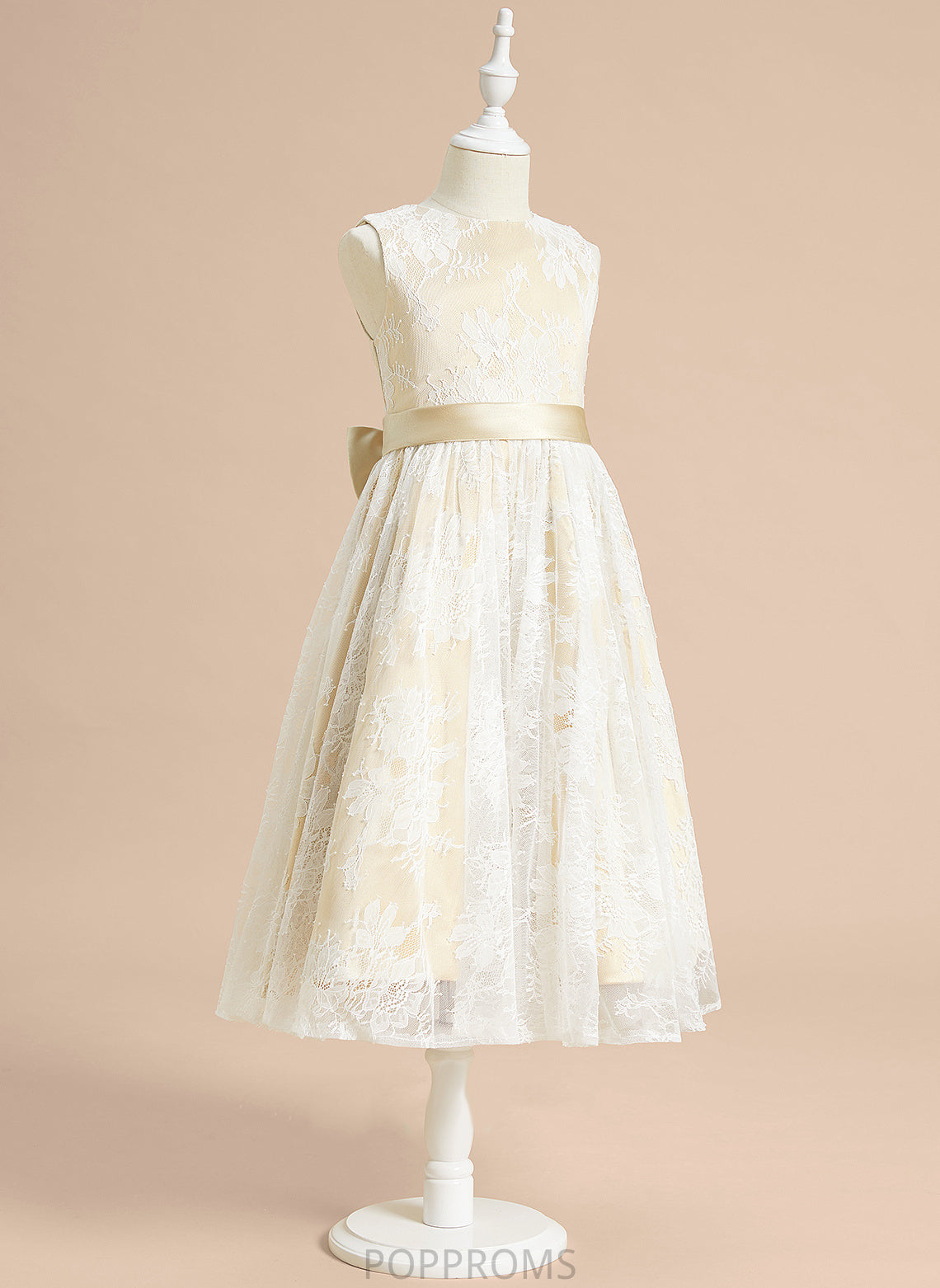 Tea-length Satin/Lace Flower Scoop Sleeveless - Dress With Flower Girl Dresses Neck Girl A-Line Miya Bow(s)