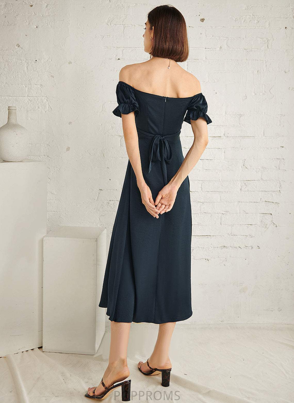 Cocktail Dresses Blends Cocktail Tea-Length Dress Off-the-Shoulder Ansley A-Line Cotton